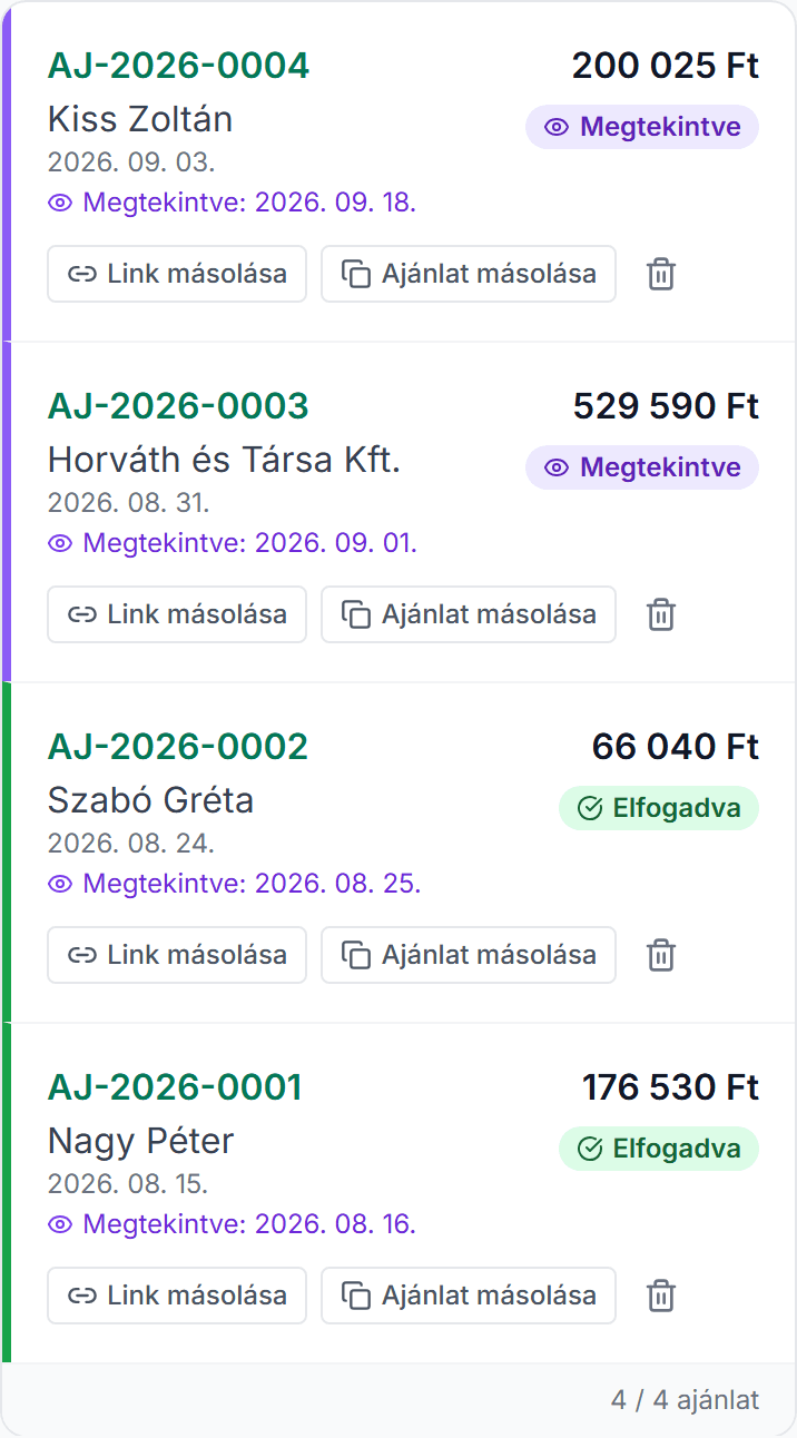 Az Offerto ajánlatlistája telefonon: mintaajánlatok Megtekintve és Elfogadva állapottal, a megnyitás dátumával.